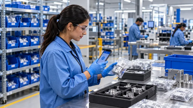 Technician scanning QR-coded aerospace parts into a kitting tray to prevent kitting errors