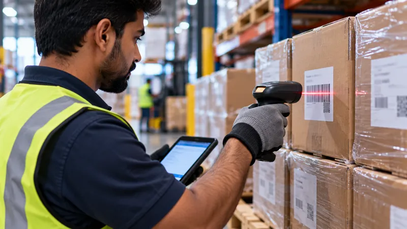 Warehouse associate scanning a carton barcode for batch and serial number traceability