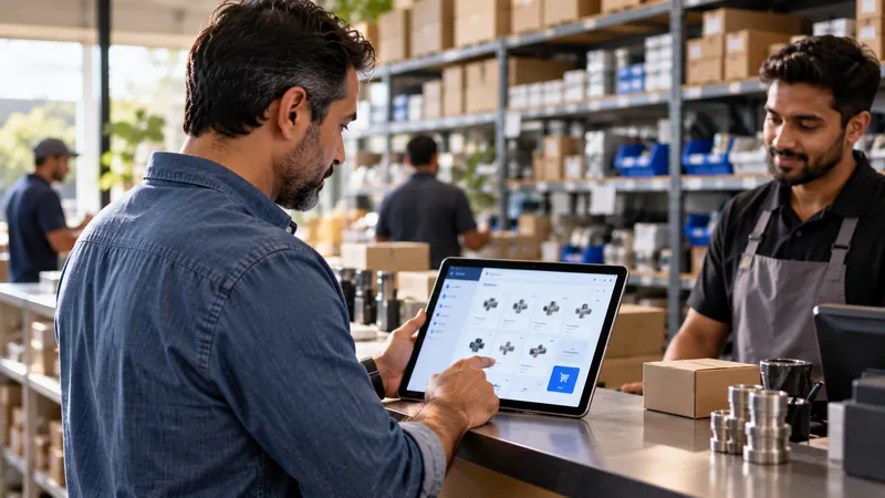Business customer reordering stock through a self-service ERP customer portal on a tablet