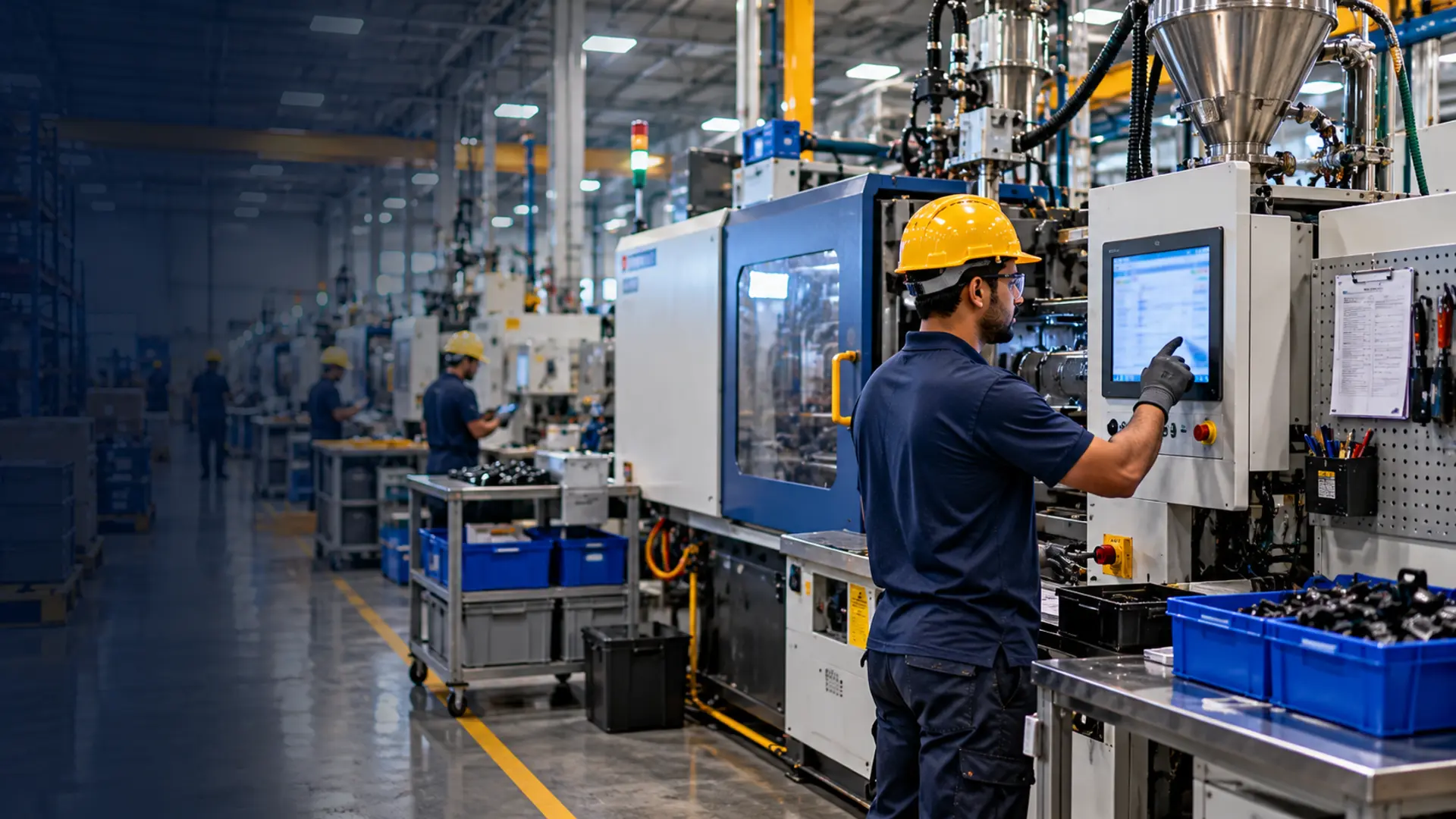 Operator logging a work order on a shop floor terminal in a factory running ERPNext manufacturing