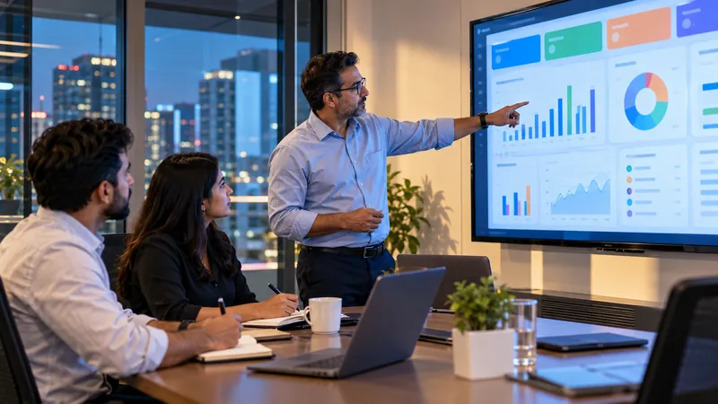 Finance team reviewing ERP reports and real-time dashboards on a meeting room screen
