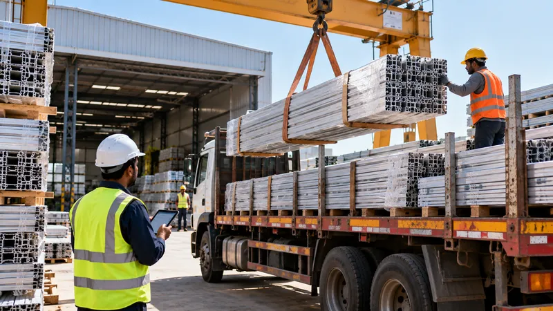 Aluminium profile bundles loaded onto a truck for dispatch and invoicing