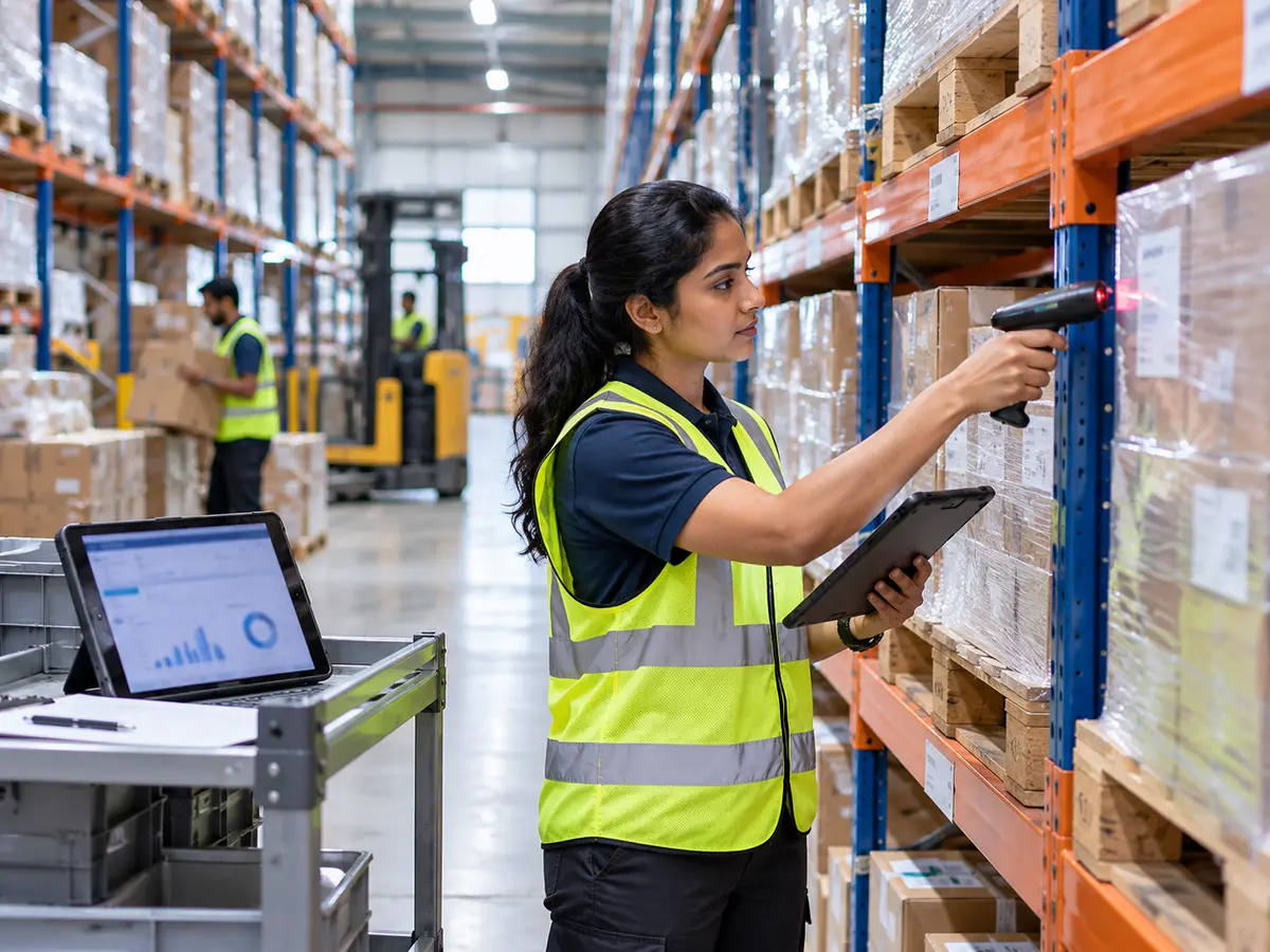 Inventory controller doing a cycle count with a scanner for real-time stock visibility