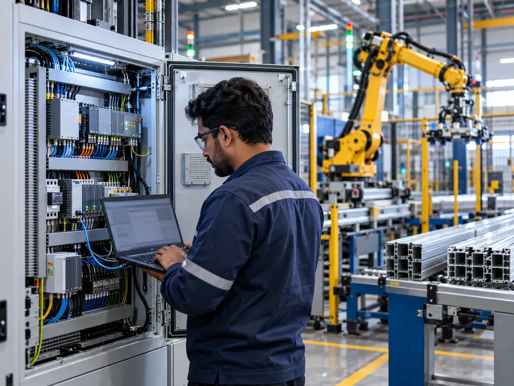 Automation engineer connecting a machine PLC to capture shop floor data automatically