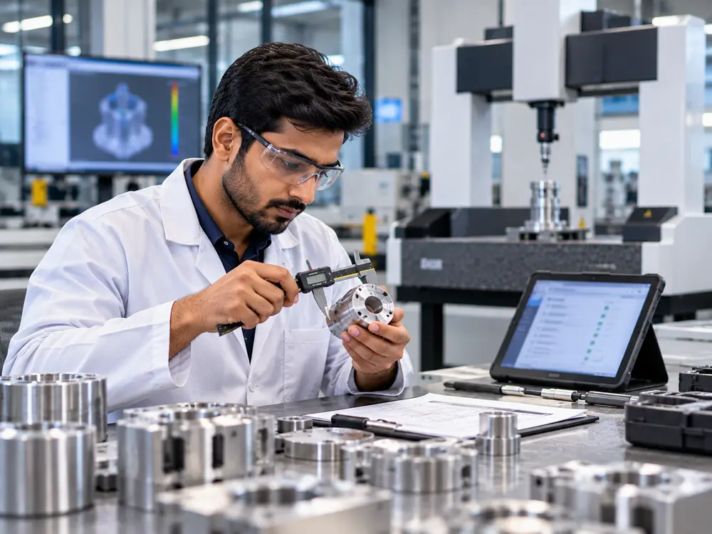 Quality engineer measuring a precision component beside a 3D measurement machine connected to the MES