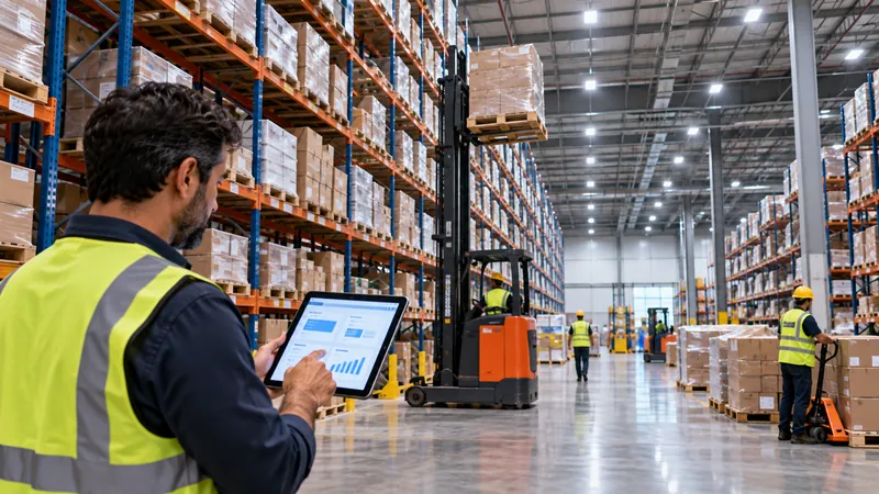 Warehouse manager checking multi-warehouse inventory levels in a large distribution center