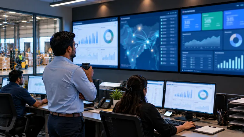 Operations team monitoring real-time distribution dashboards on a wall of screens