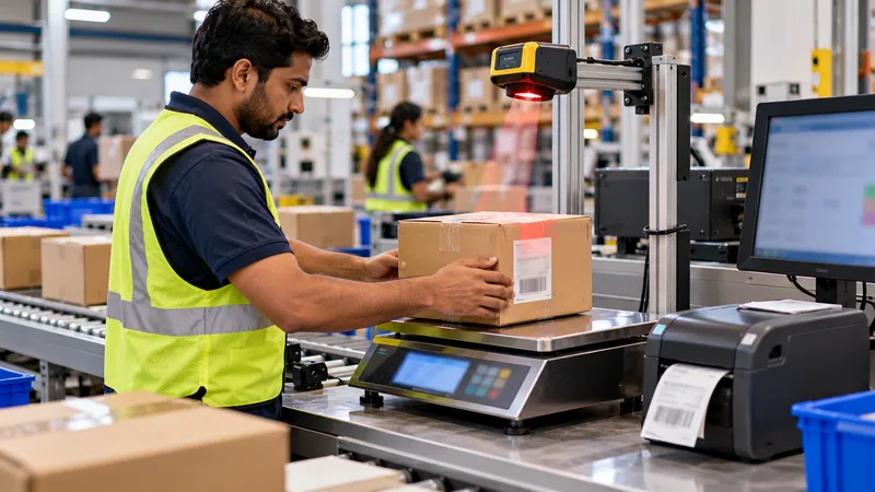 Packing station with an integrated barcode scanner and weighing scale feeding the ERP